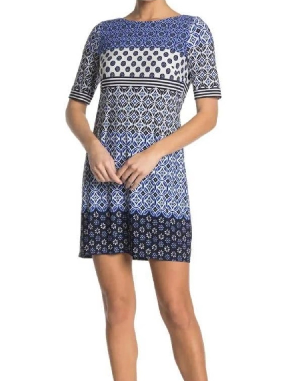 Eliza J Blue Patterned Short Sleeve Shift Dress Geometric Stretch 14